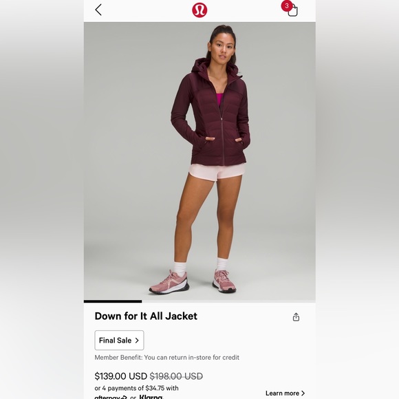 Lululemon down for it all jacket, lightly used - Picture 2 of 4